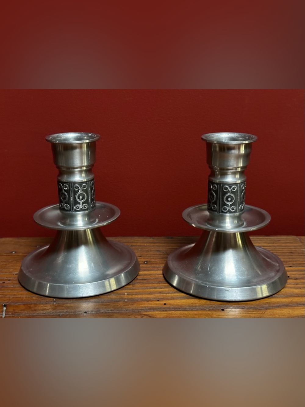Vintage Pair of Norwegian Pewter Candlestick Holders